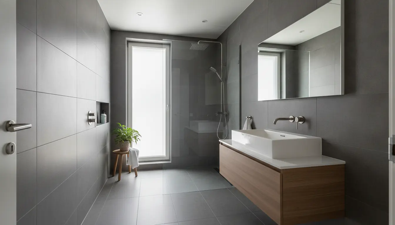 Salle de bain rénovée avec carrelage grand format gris anthracite et douche à l'italienne