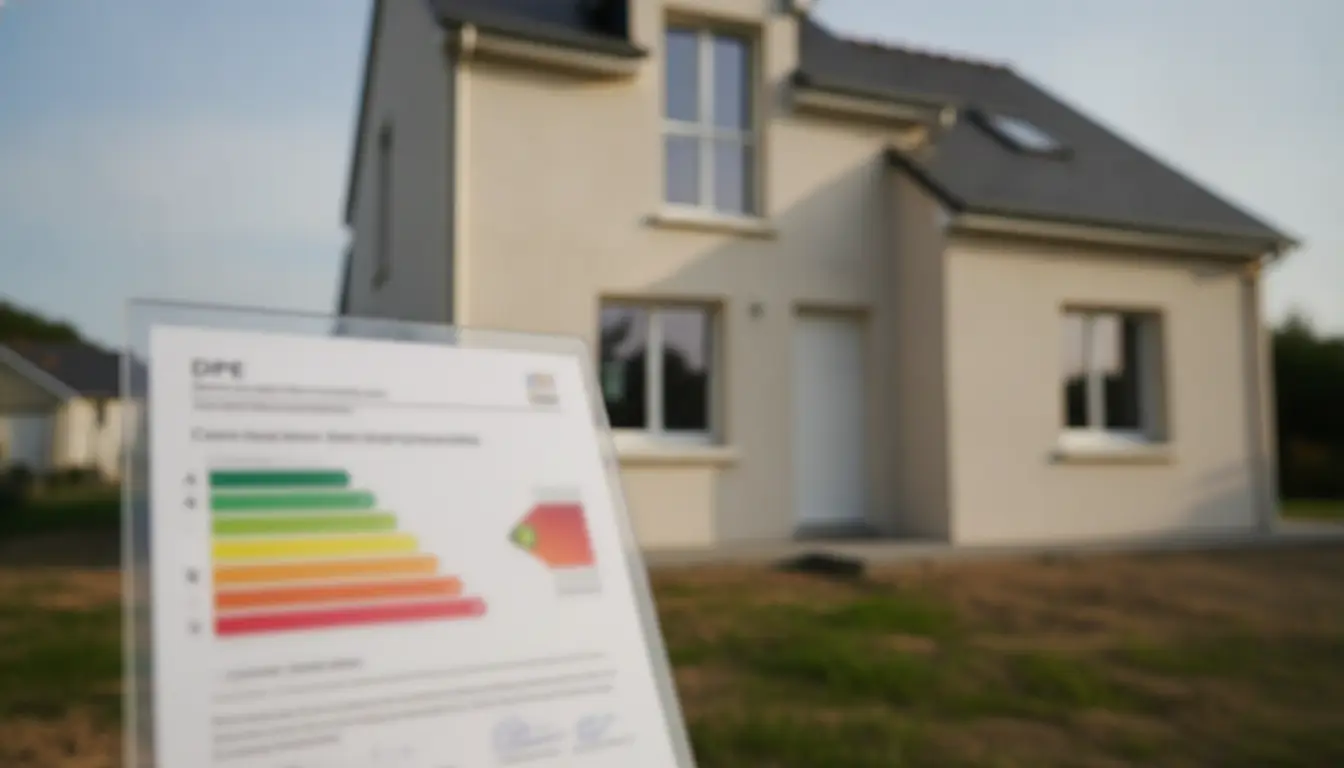 Étiquette énergie DPE tenue devant une maison individuelle rénovée avec isolation extérieure