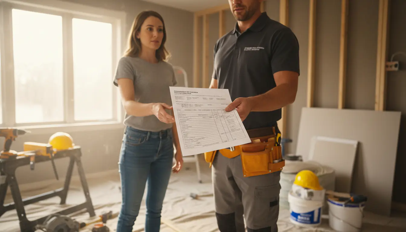 Entrepreneur remettant un devis de rénovation à un propriétaire sur un chantier intérieur