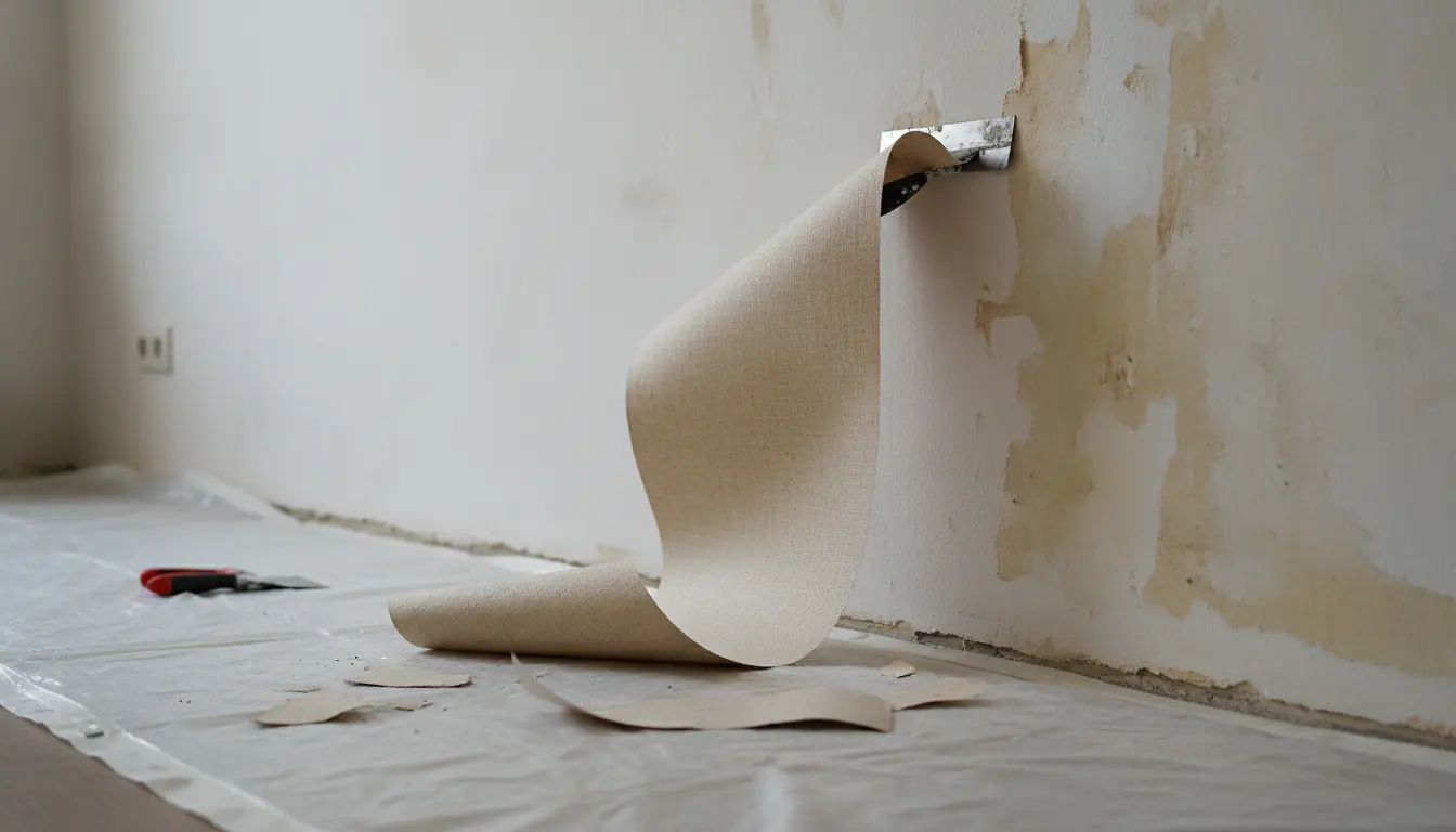 Spatule décollant une bande de papier peint intissé sur un mur en rénovation