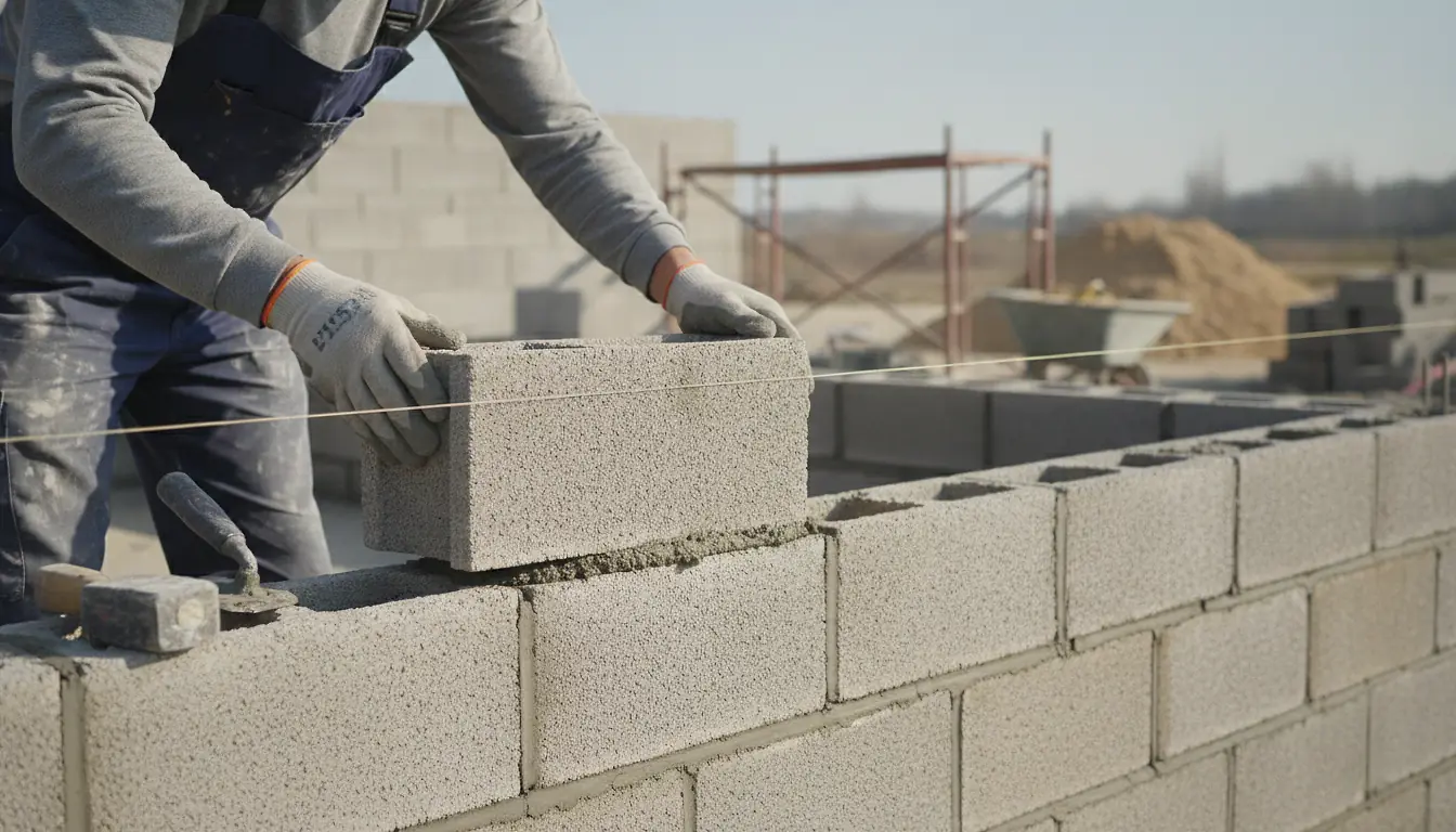 Maçon posant des parpaings en béton aggloméré sur un mur en construction, joints de mortier frais et cordeau de niveau tendu