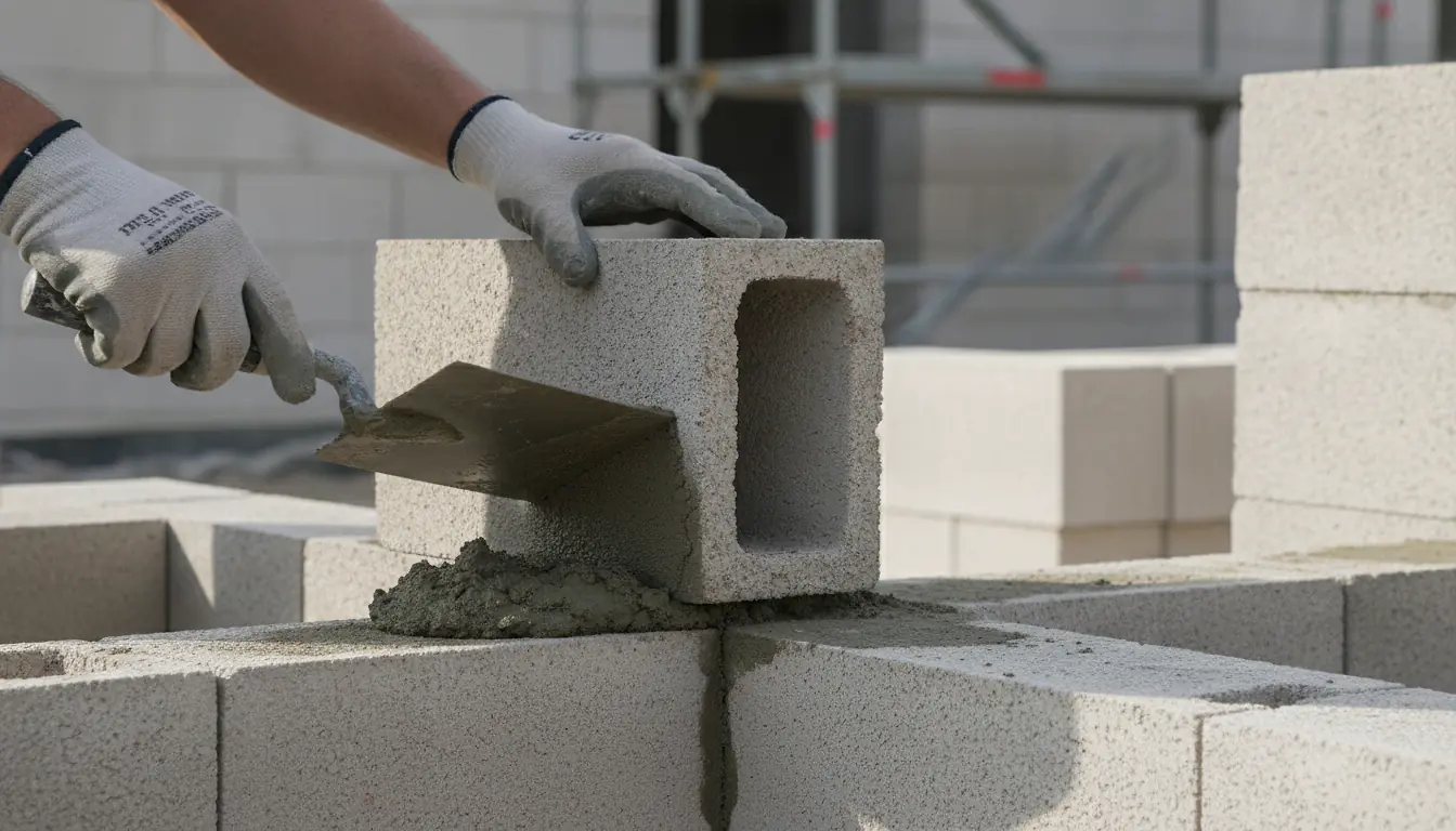 Maçon posant des agglomérés de béton avec mortier sur un chantier de gros œuvre