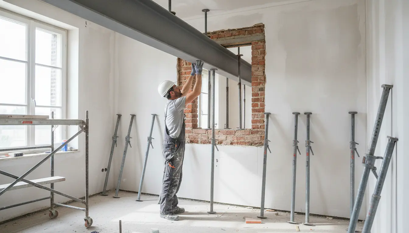 Maçon posant un IPN sur un mur porteur avec étaiement, chantier de rénovation résidentielle