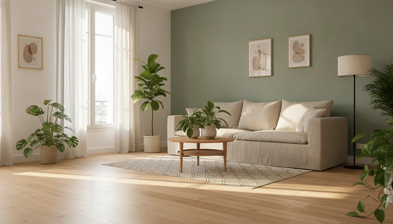Salon repeint en vert sauge avec canapé beige et lumière naturelle