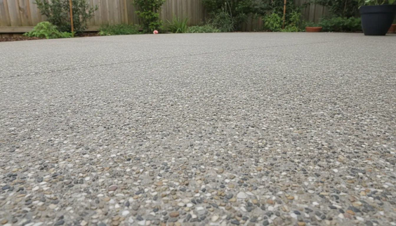 Terrasse en béton désactivé aux granulats gris clair, finition lavée au jet, texture agrégats apparents