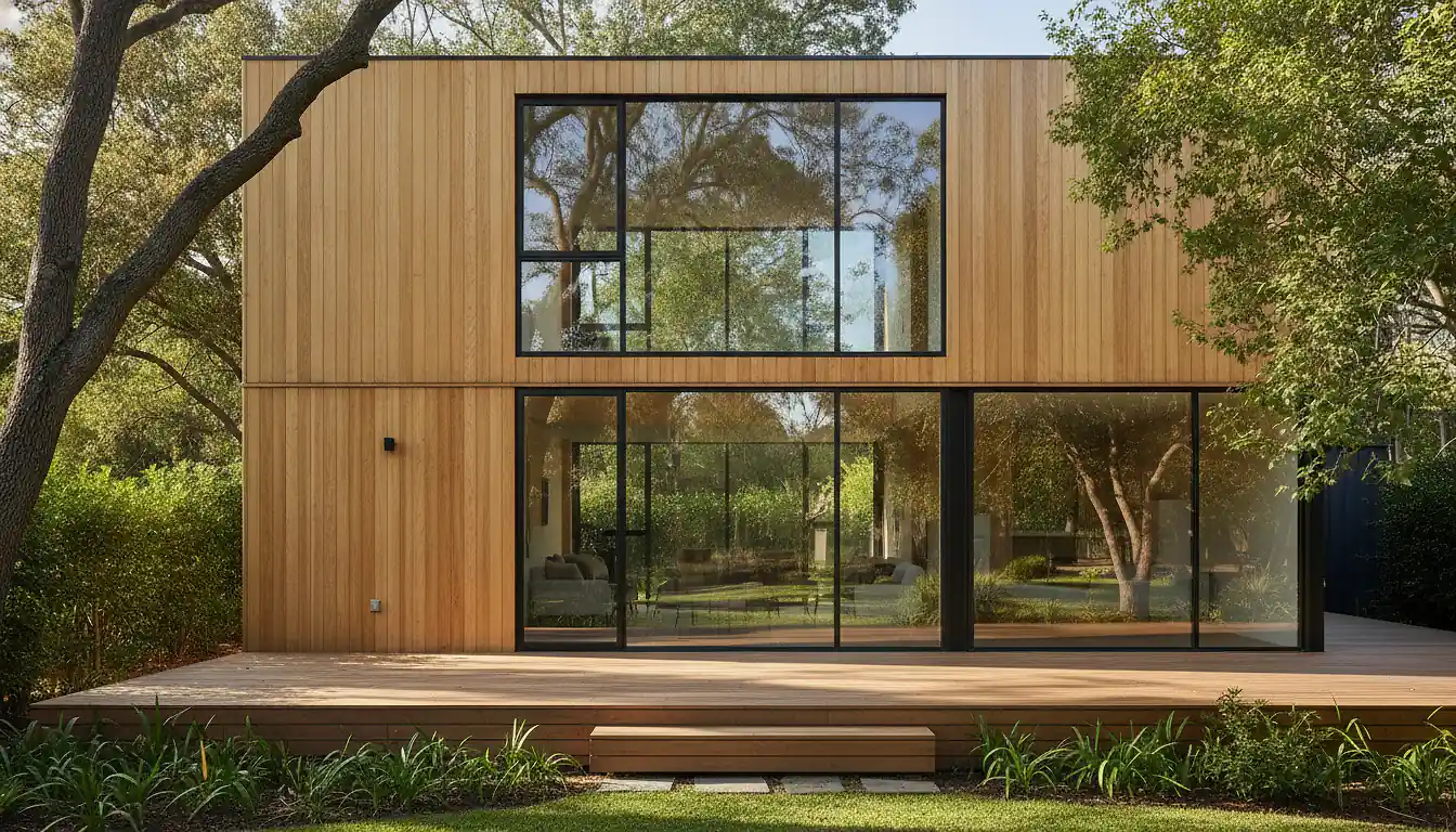 Maison container moderne transformée en habitation principale avec bardage bois et grandes baies vitrées