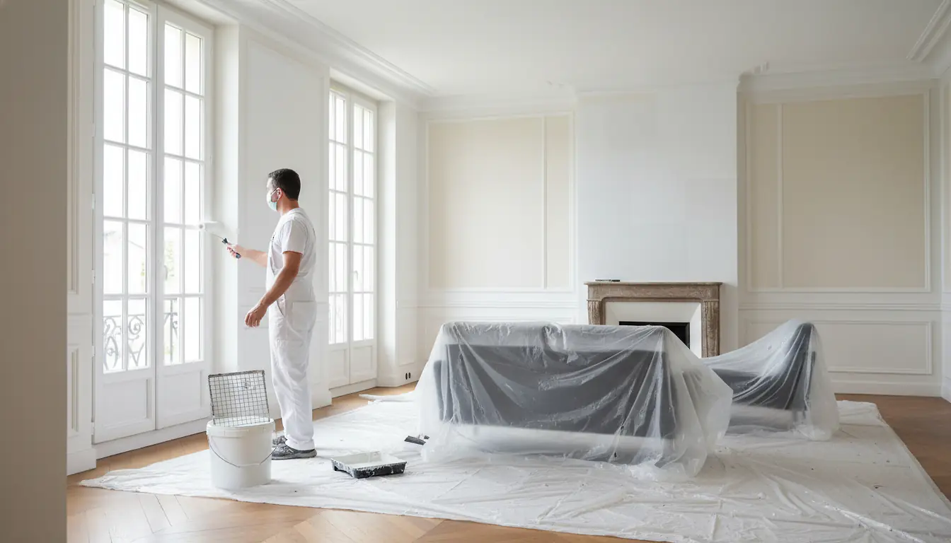 Peintre professionnel appliquant de la peinture blanche sur les murs d'un salon lumineux en rénovation