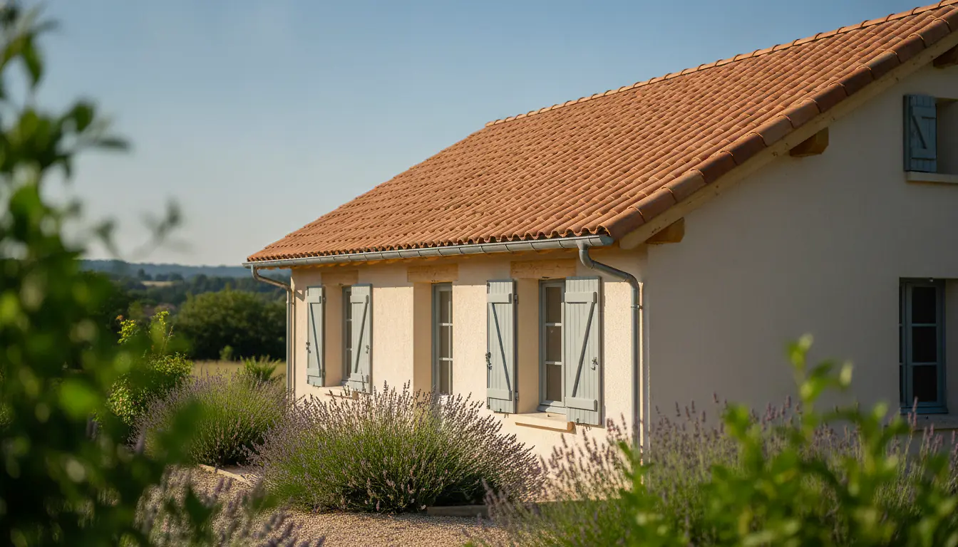 Toiture en tuiles mécaniques terracotta fraîchement rénovée sur une maison individuelle