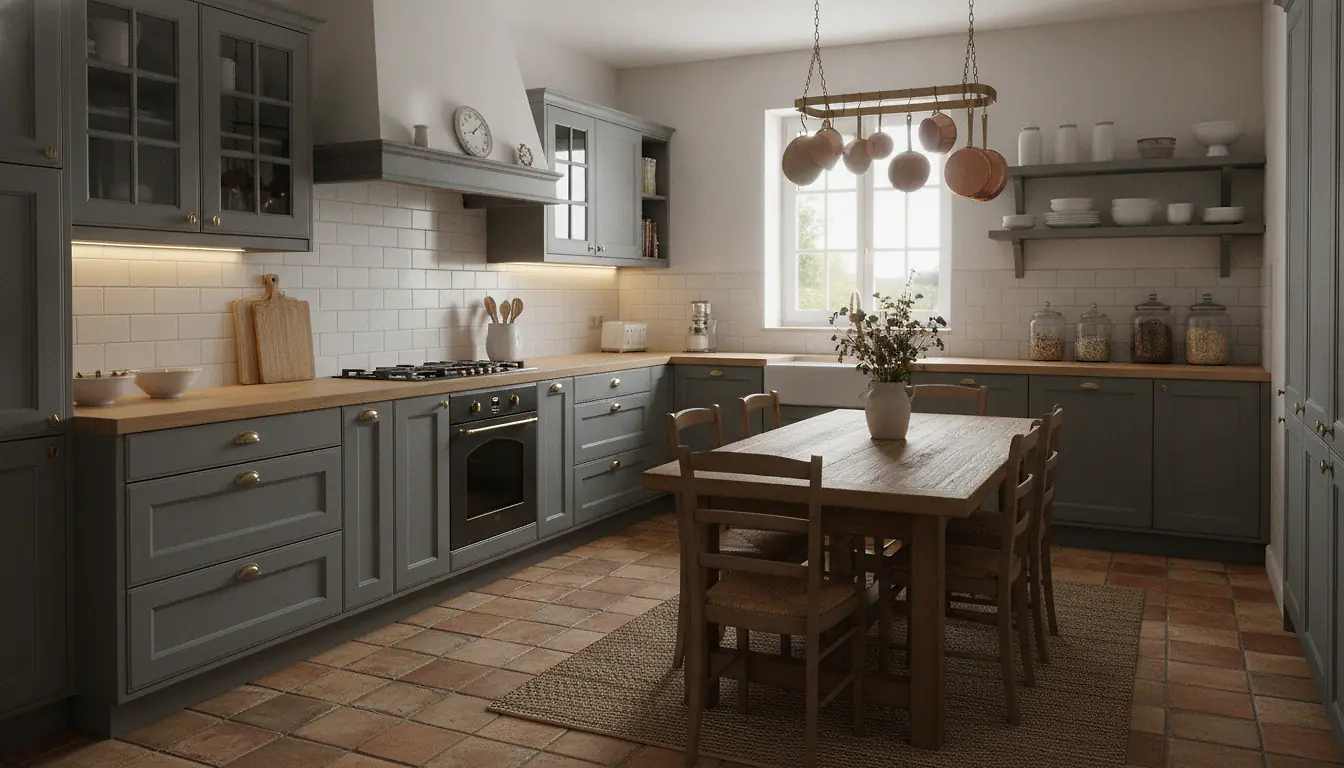 Cuisine rustique en chêne modernisée, façades repeintes en gris ardoise, poignées laiton brossé, plan de travail bois blanchi, crédence carrelage métro blanc