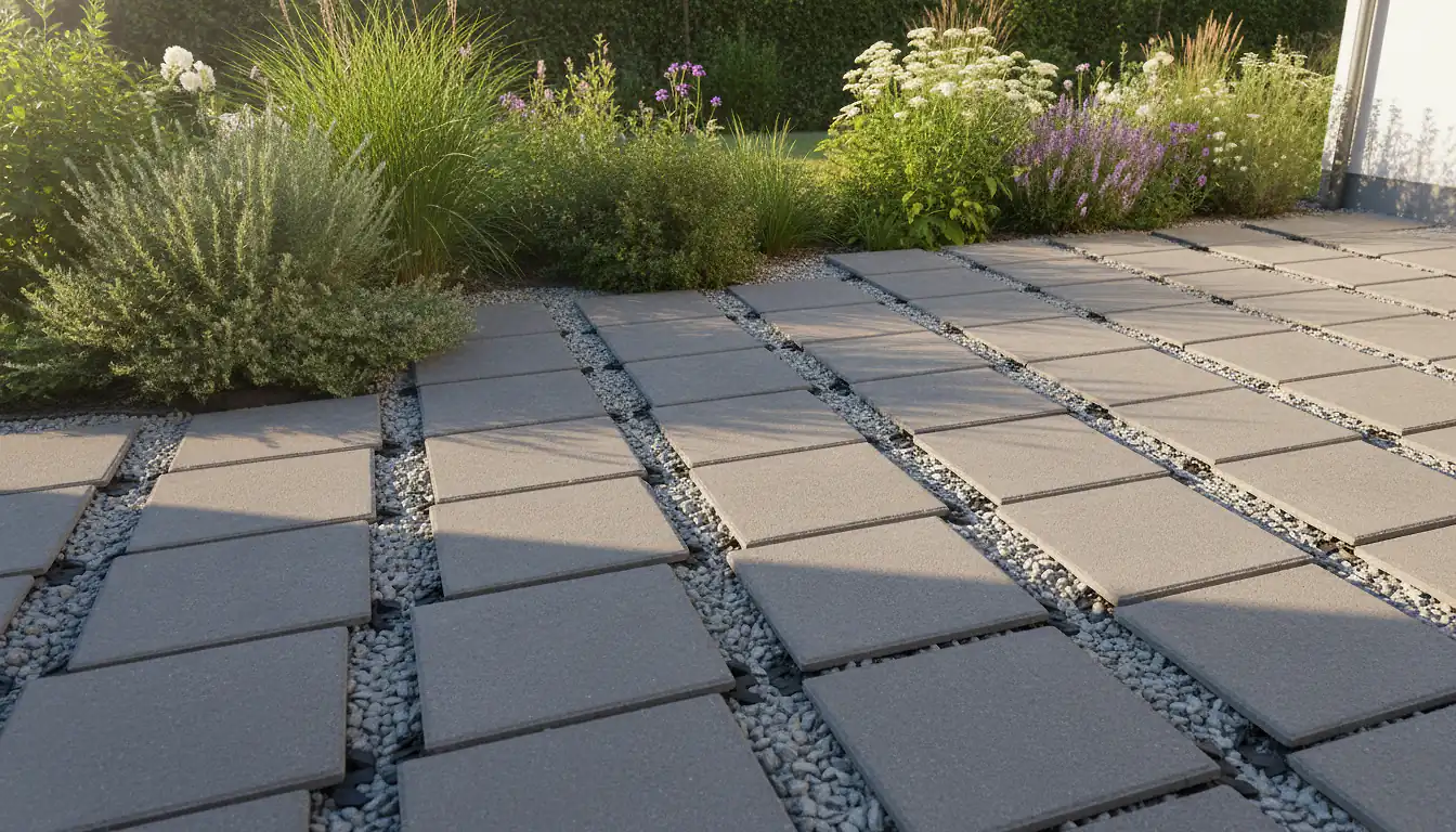 Terrasse en dalles de béton posées sur plots réglables dans un jardin extérieur ensoleillé
