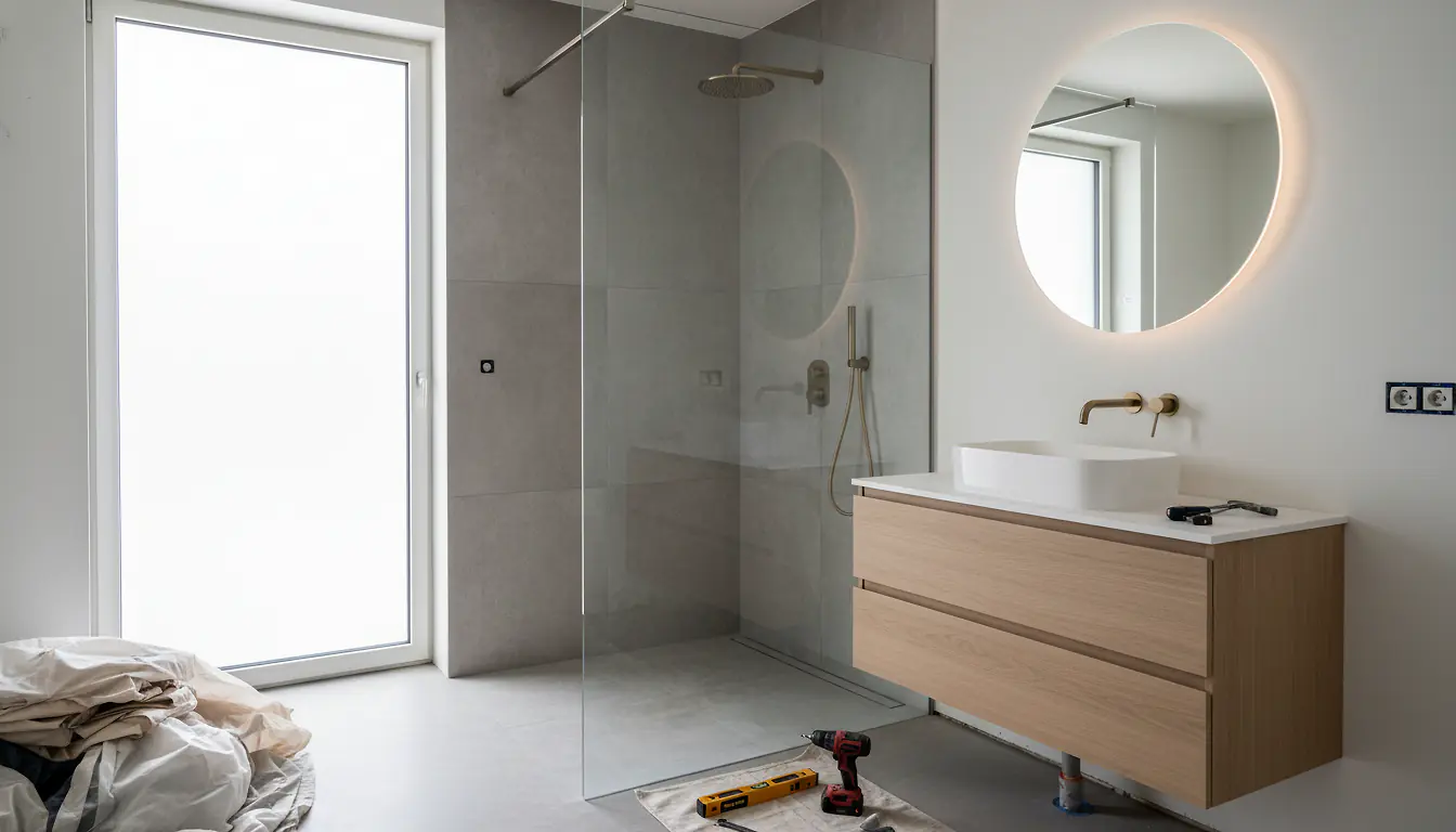Salle de bain rénovée avec douche italienne et meuble vasque suspendu en cours de pose