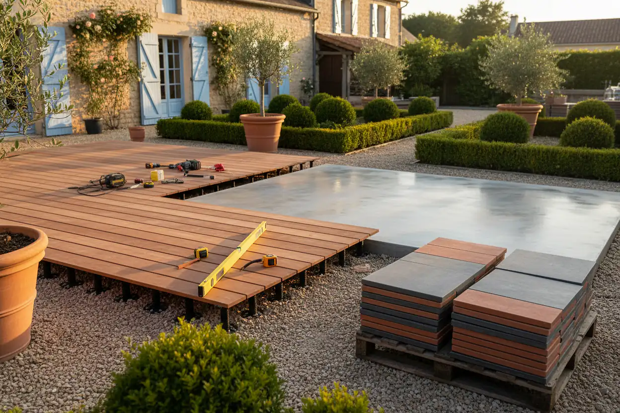 Terrasse en cours de construction avec lames de bois composite et dalle béton