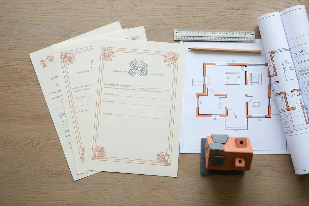 Dossier de demande d'autorisation d'urbanisme avec plans d'une maison sur une table