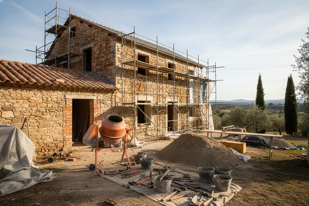 Chantier de rénovation d'une maison en pierre avec échafaudage et outils de maçon