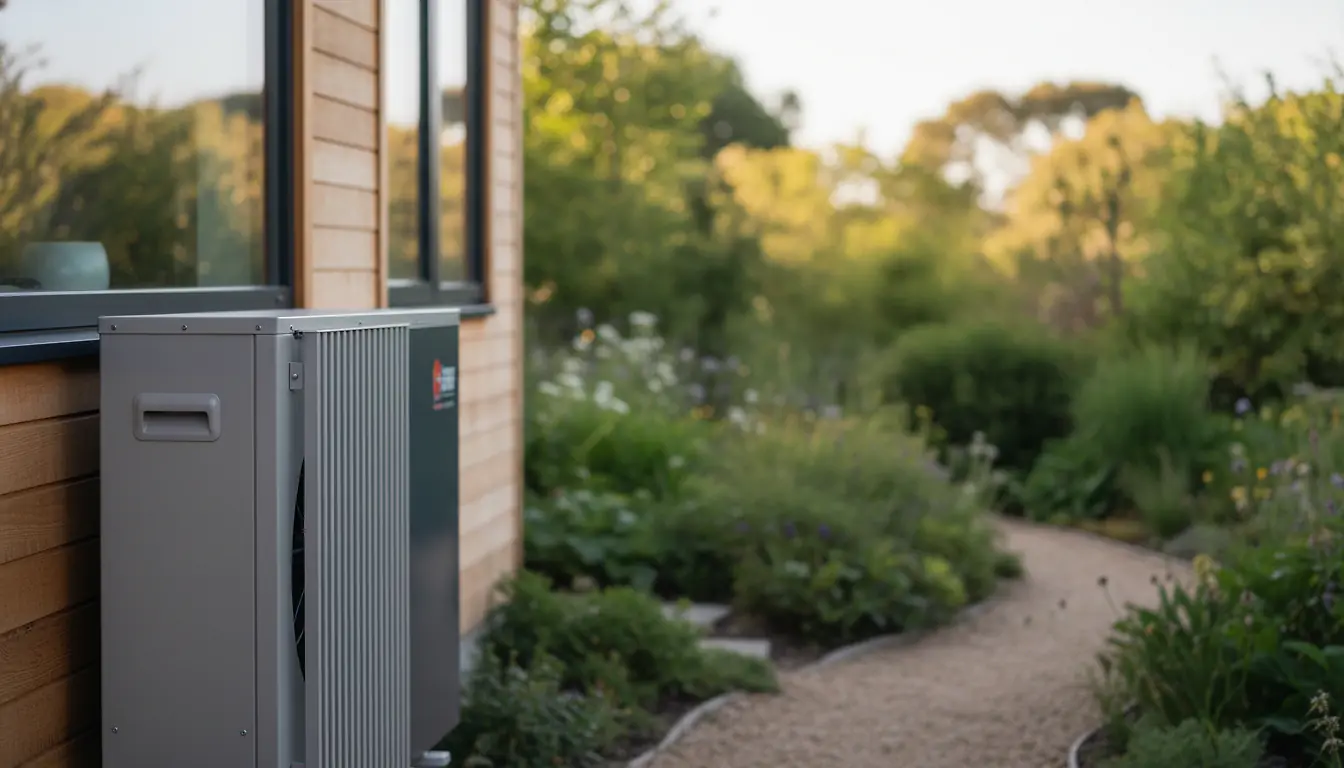 Pompe à chaleur air-eau installée le long d'un mur de maison rénovée avec enduit clair