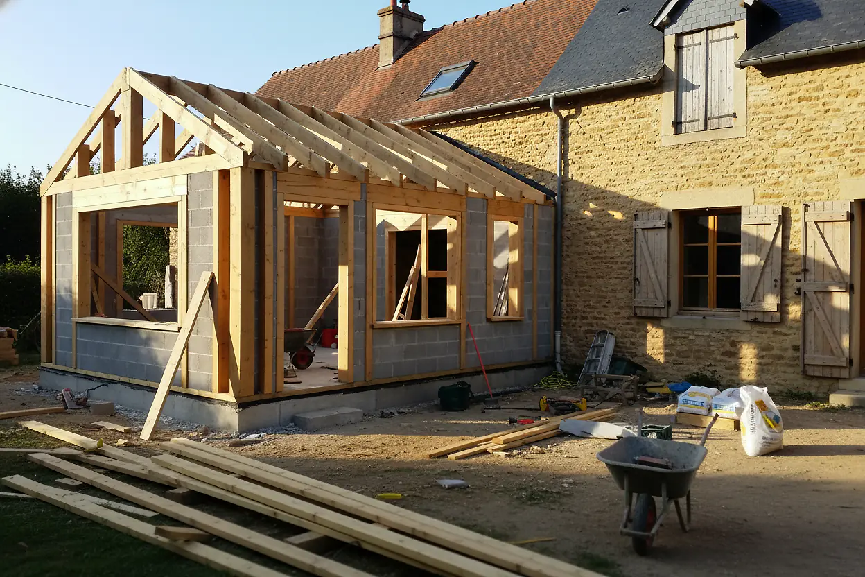 Extension de maison à ossature bois en cours de construction sur une maison existante