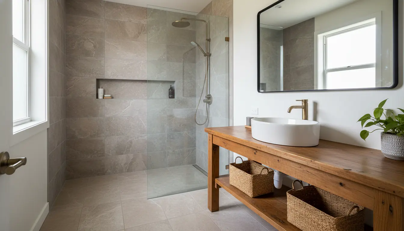 Salle de bain rénovée avec douche italienne carrelée et vasque sur plan en bois